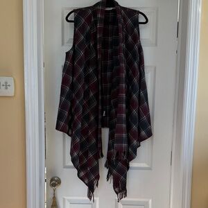 Elegant Plaid Fringe Vest - Burgundy and Dark Gray